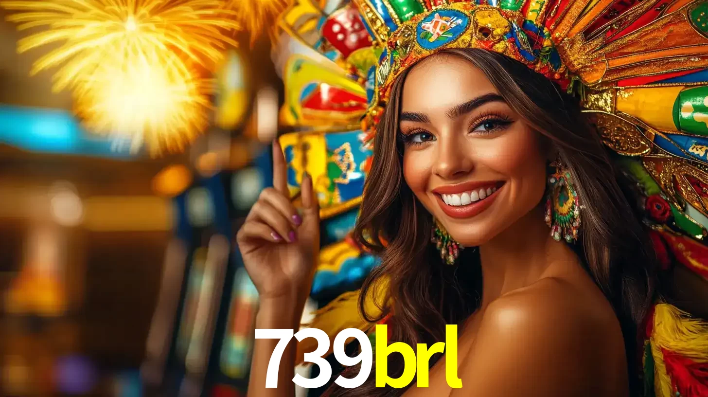 Mulher sorridente com um cocar de carnaval vibrante e colorido, celebrando uma grande vitória nos jogos do cassino 739brl com fogos de artifício ao fundo.