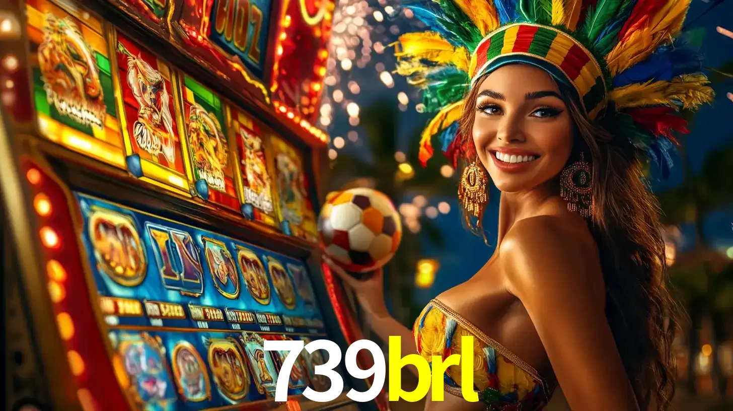 Mulher com um cocar de carnaval ao lado de uma máquina de caça-níqueis enquanto segura uma bola de futebol, mostrando a união da diversão de cassino e esportes no 739brl.