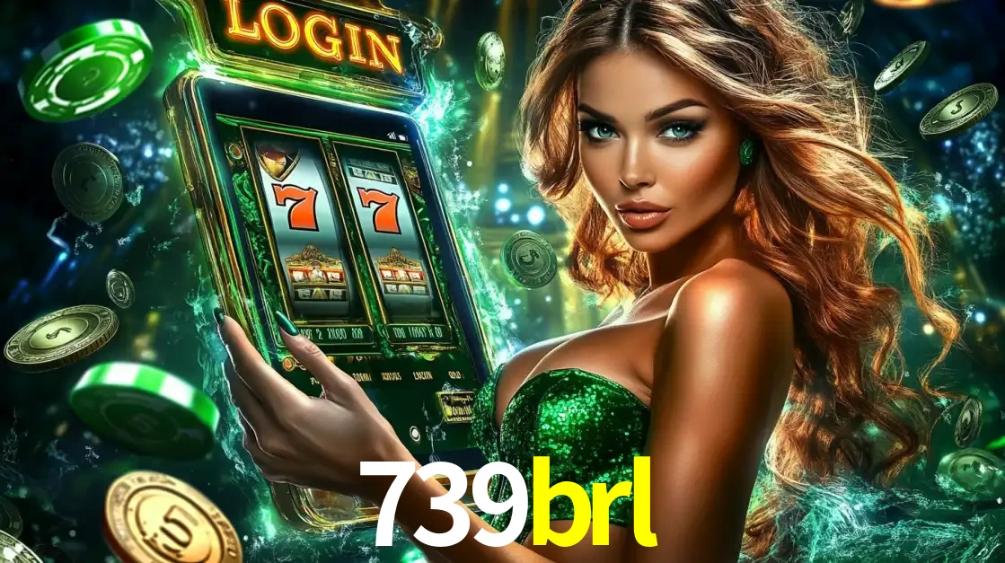Mulher com tema verde apresentando o aplicativo do cassino 739brl com um jogo de slot de 777, cercada por fichas de cassino e uma aura de sorte.