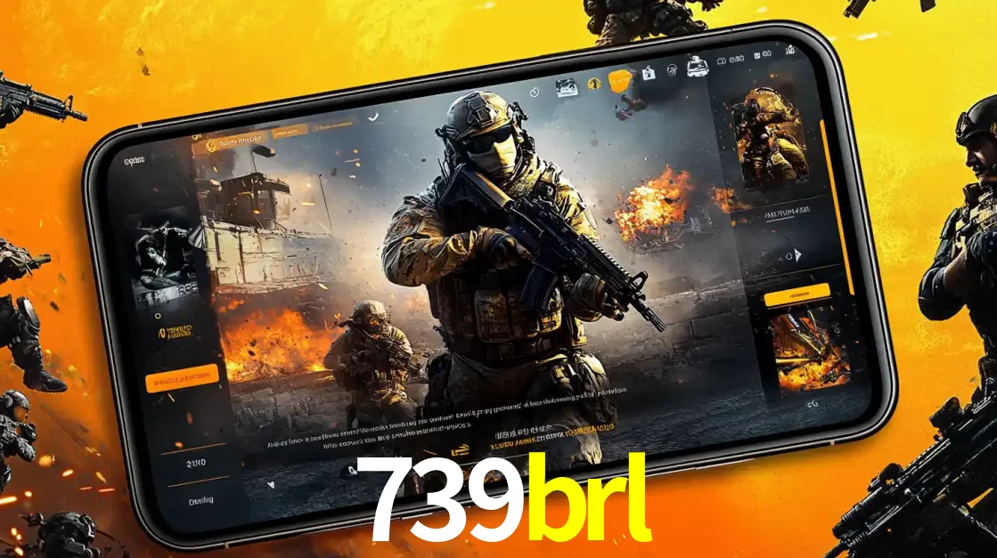Um smartphone exibindo a interface de um jogo de tiro em primeira pessoa, com um soldado em um cenário de batalha, representando a ação dos e-sports para apostar no 739brl.