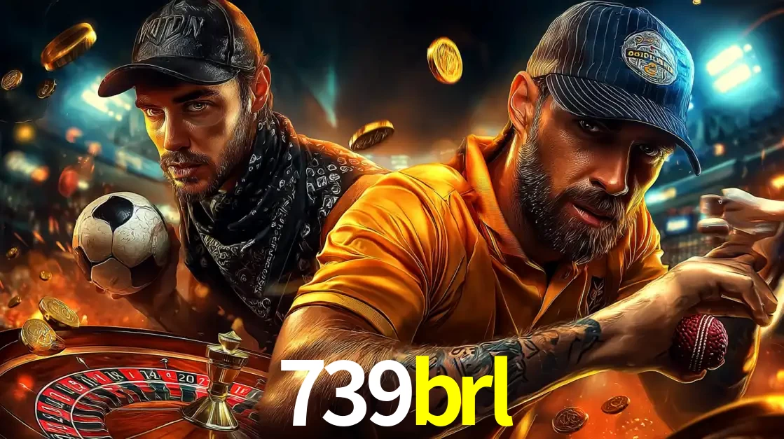 Montagem de apostas esportivas e cassino no 739brl, com um homem segurando uma bola de futebol e outro uma de beisebol sobre uma roleta e moedas voadoras.