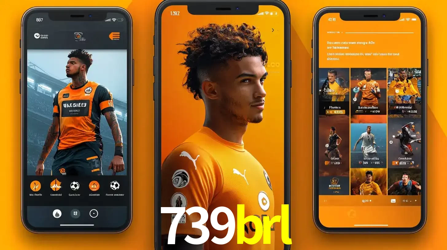 Interface do aplicativo de apostas esportivas 739brl em três telas de celular, mostrando o perfil de um jogador de futebol e a lista de jogos disponíveis para apostar.