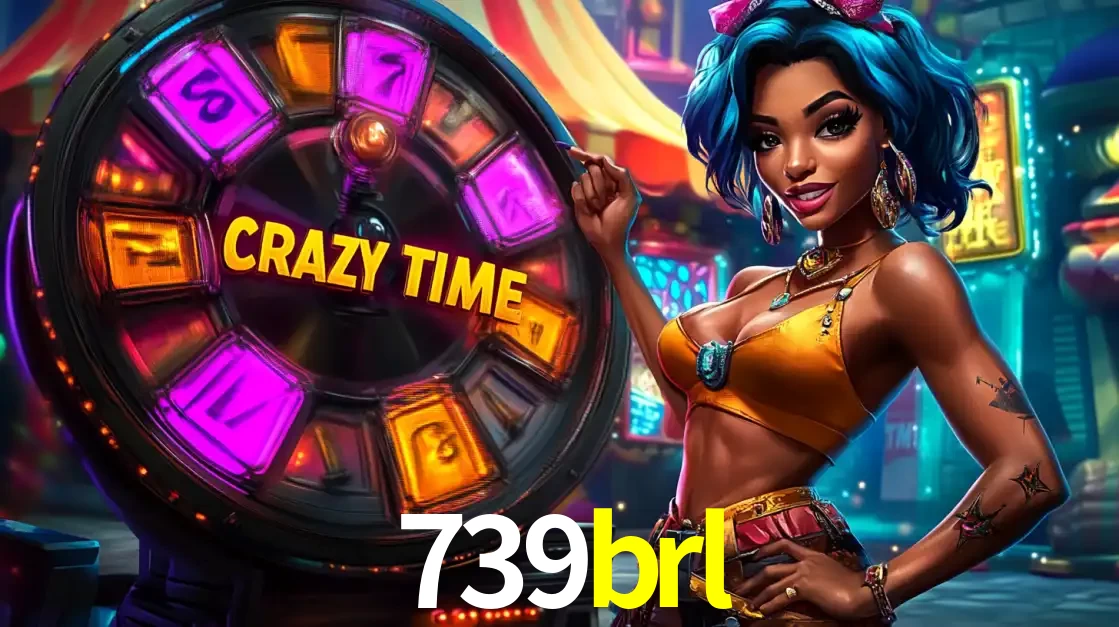 Mulher estilizada com cabelo azul e visual vibrante posando ao lado da roda de prêmios do game show Crazy Time, convidando para a diversão e os bônus do cassino 739brl.