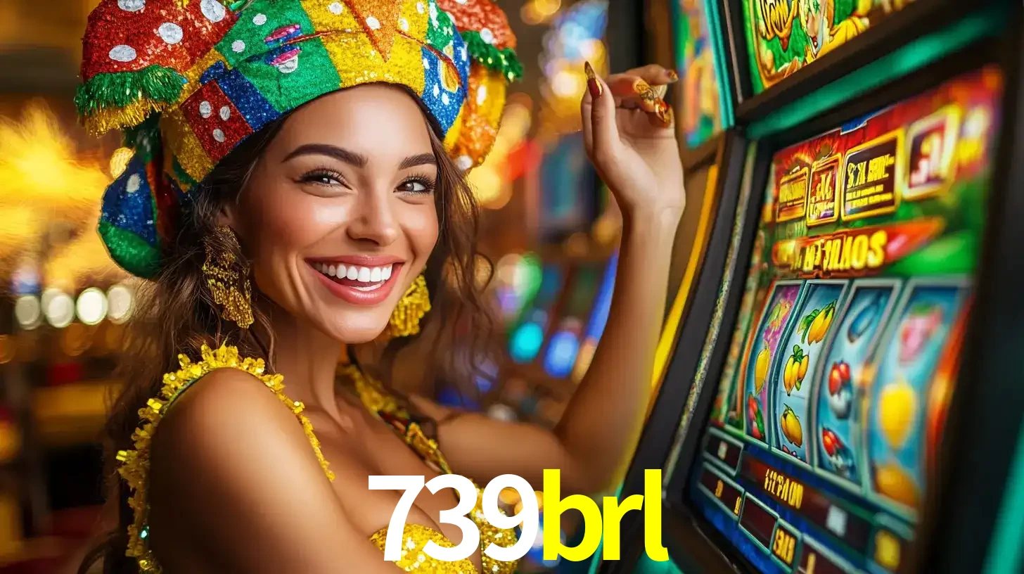 Mulher feliz com traje de carnaval amarelo e colorido ao lado de uma máquina de caça-níqueis, aproveitando a diversão e os jogos temáticos do cassino 739brl.