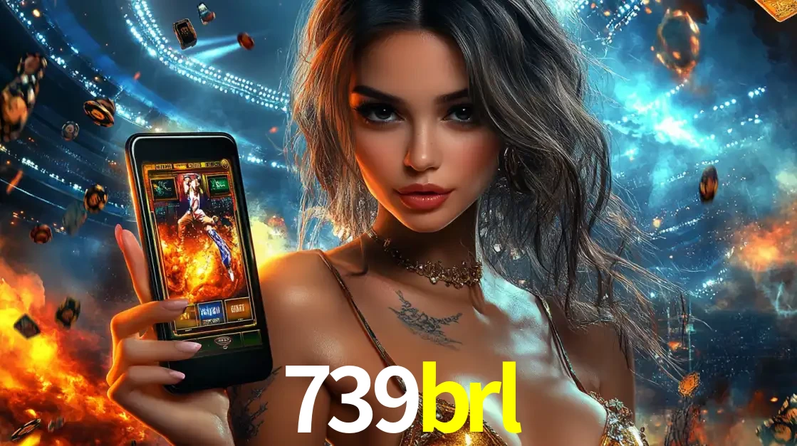 Mulher segurando um celular com um jogo de slot em destaque, tendo como fundo um estádio vibrante, simbolizando a emoção de jogar no cassino móvel 739brl.