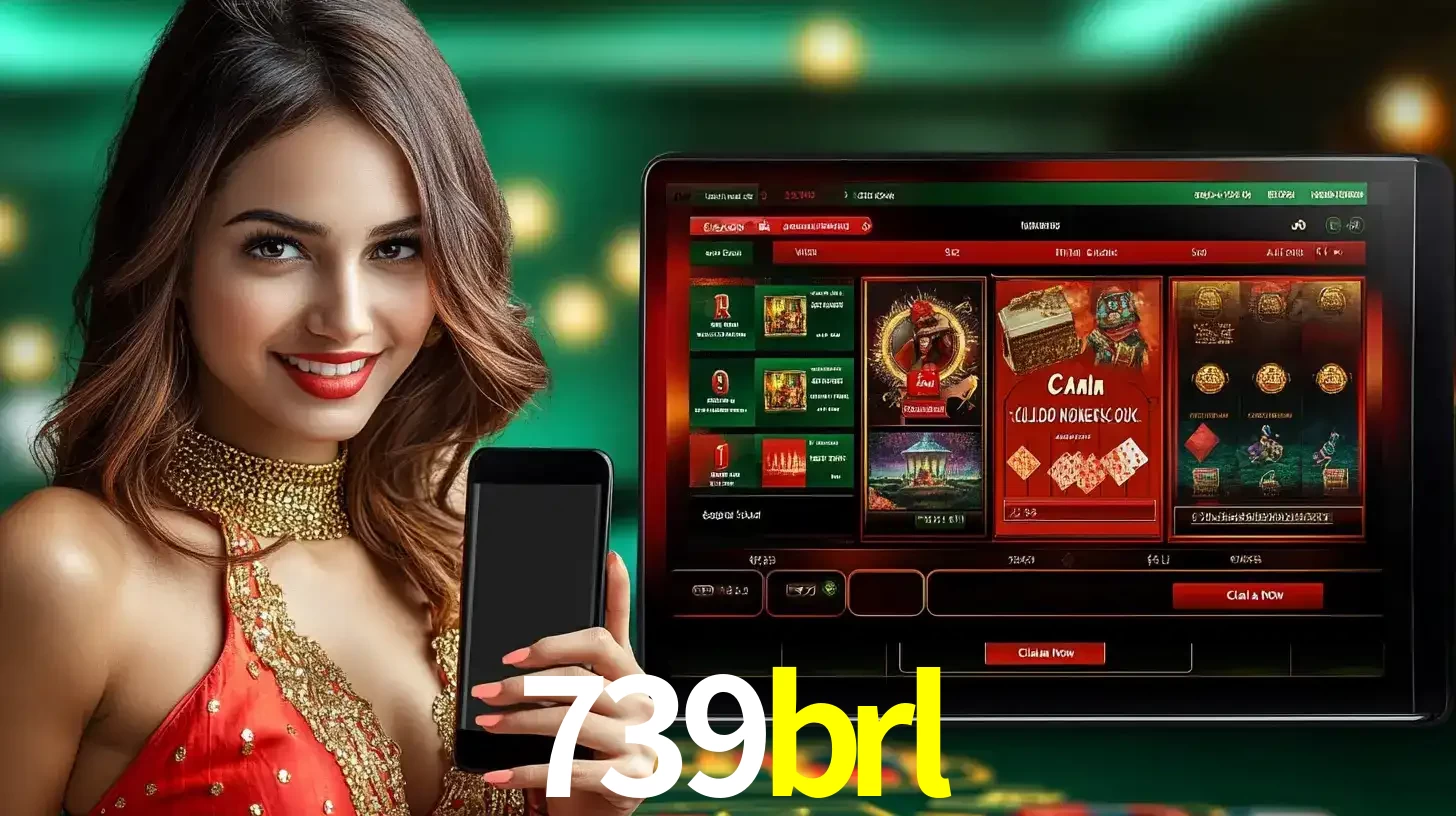 Mulher sorridente segurando um smartphone, ao lado de uma tela exibindo o lobby de jogos do cassino online 739brl, com várias opções de jogos de cartas e slots.